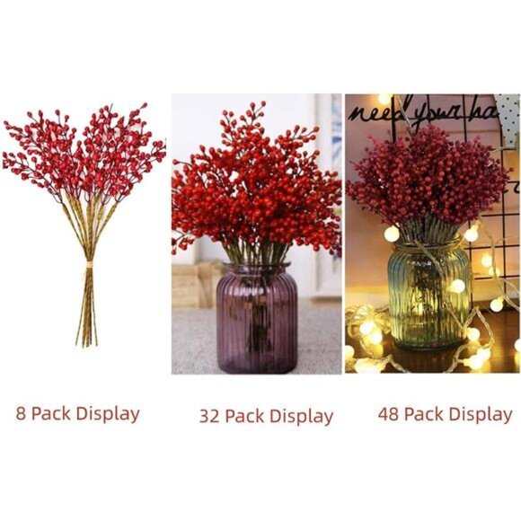 8-Pack Artificial Red Berry Stems - Holly Christmas Berries for Tree & Holiday - Picture 6 of 7